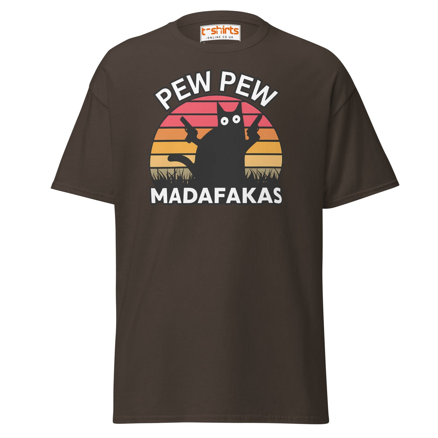 Pew Pew Madafakas T-Shirt – Funny Cat Sunset Tee - Dark Chocolate - T-Shirts Online