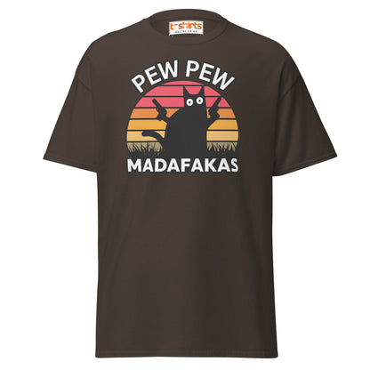 Pew Pew Madafakas T-Shirt – Funny Cat Sunset Tee - Dark Chocolate - T-Shirts Online