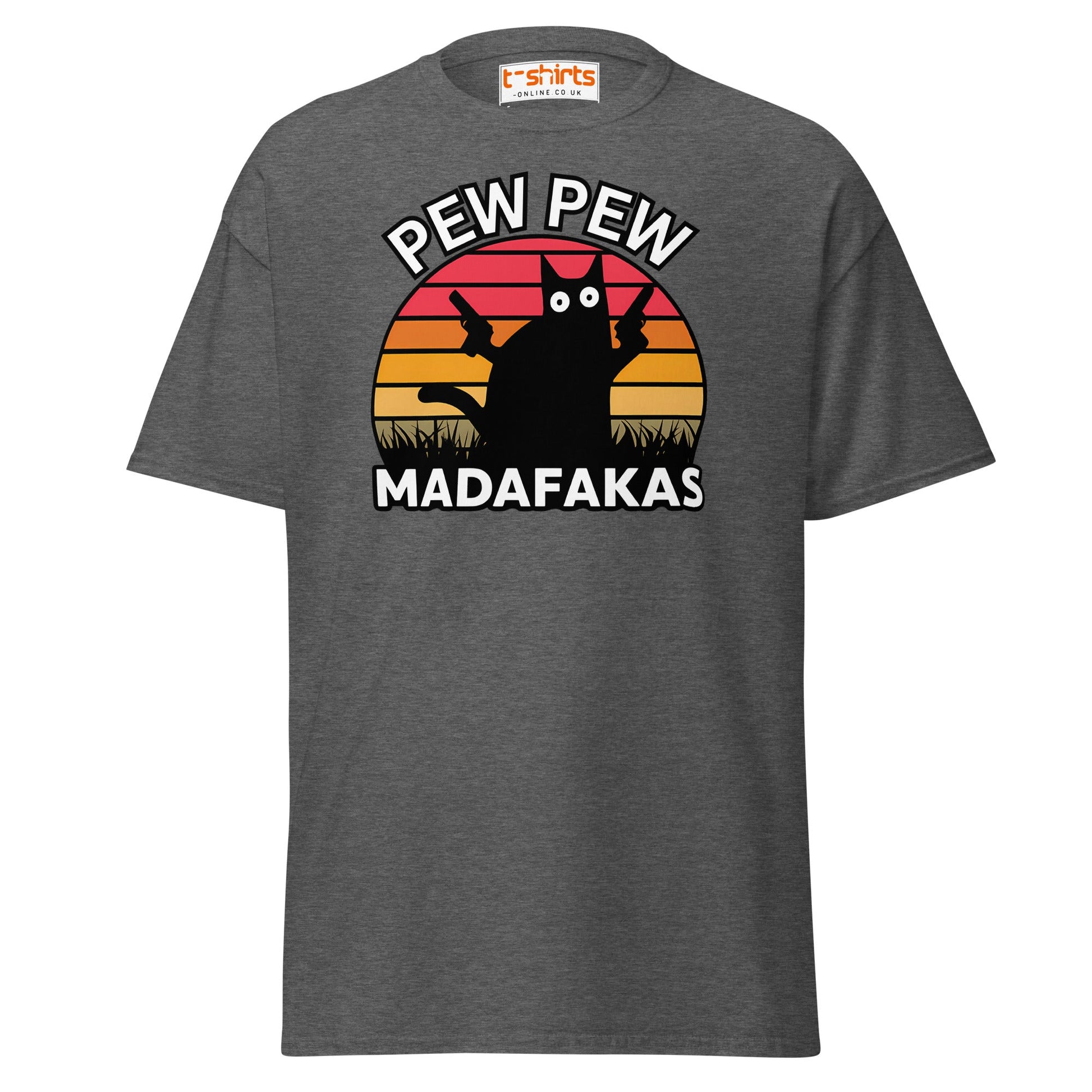 Pew Pew Madafakas T-Shirt – Funny Cat Sunset Tee - Dark Heather - T-Shirts Online