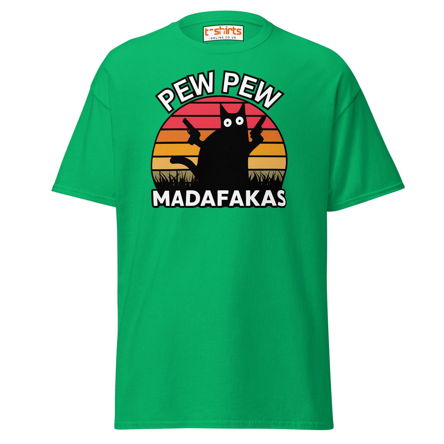 Pew Pew Madafakas T-Shirt – Funny Cat Sunset Tee - Irish Green - T-Shirts Online