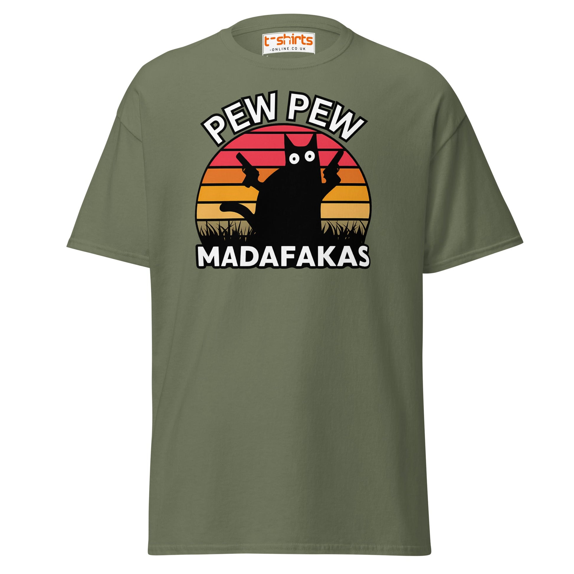 Pew Pew Madafakas T-Shirt – Funny Cat Sunset Tee - Military Green - T-Shirts Online