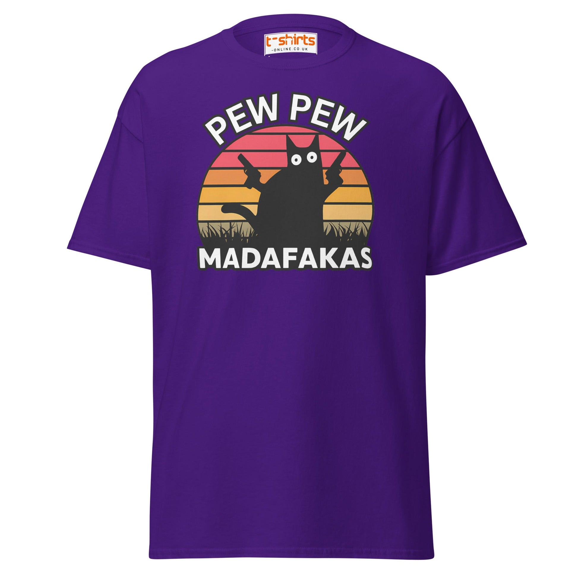 Pew Pew Madafakas T-Shirt – Funny Cat Sunset Tee - Purple - T-Shirts Online
