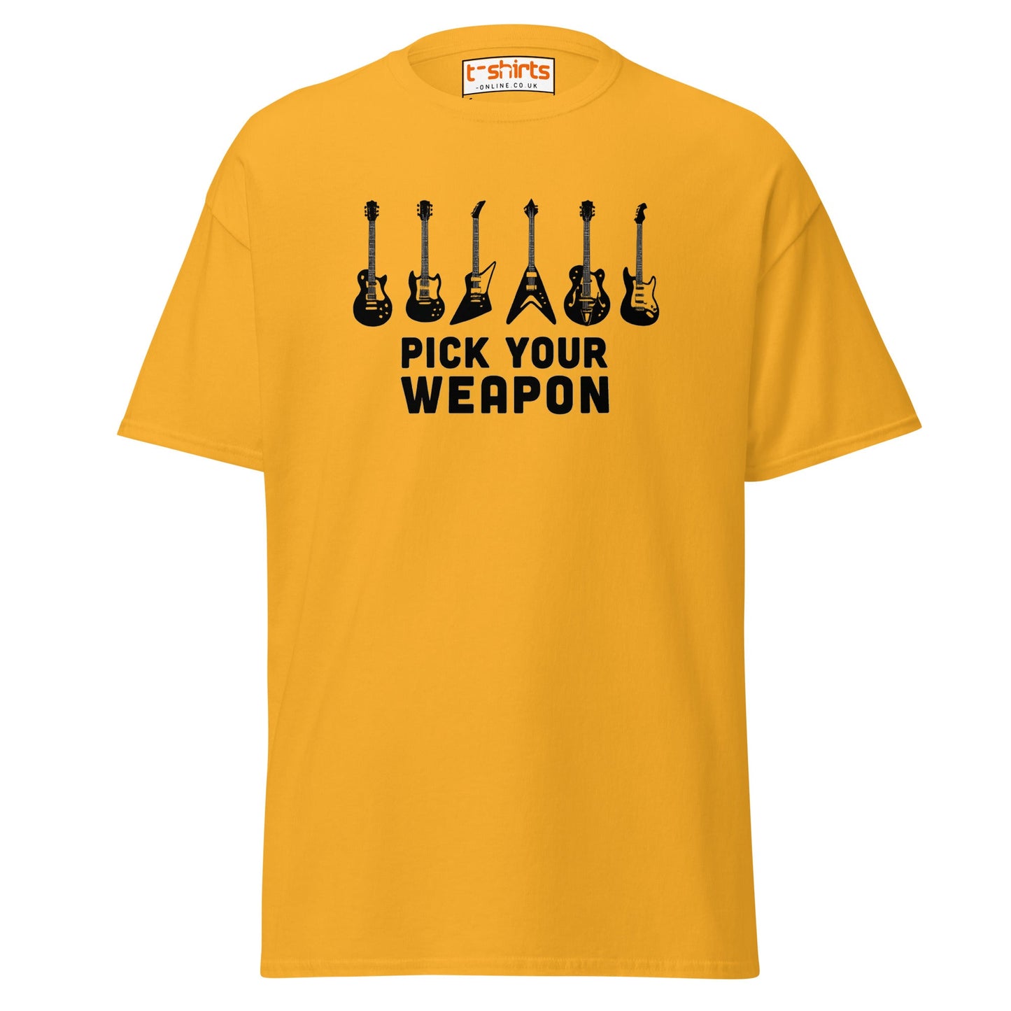 Pick Your Weapon Guitar T-Shirt for Music Lovers - Gold - T-Shirts Online