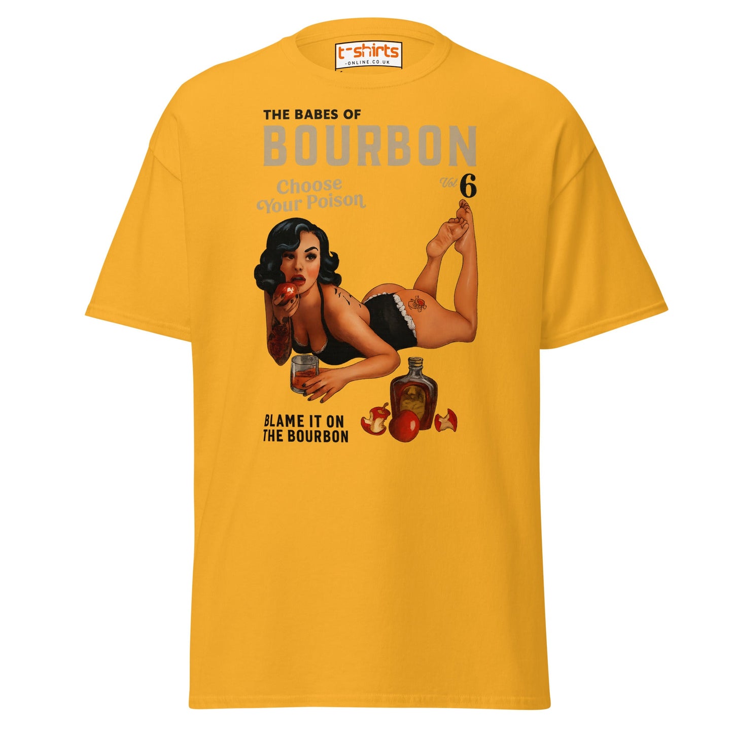 Pin - Up Bourbon T-Shirt – Retro Whiskey Babe Tee - Gold - T-Shirts Online