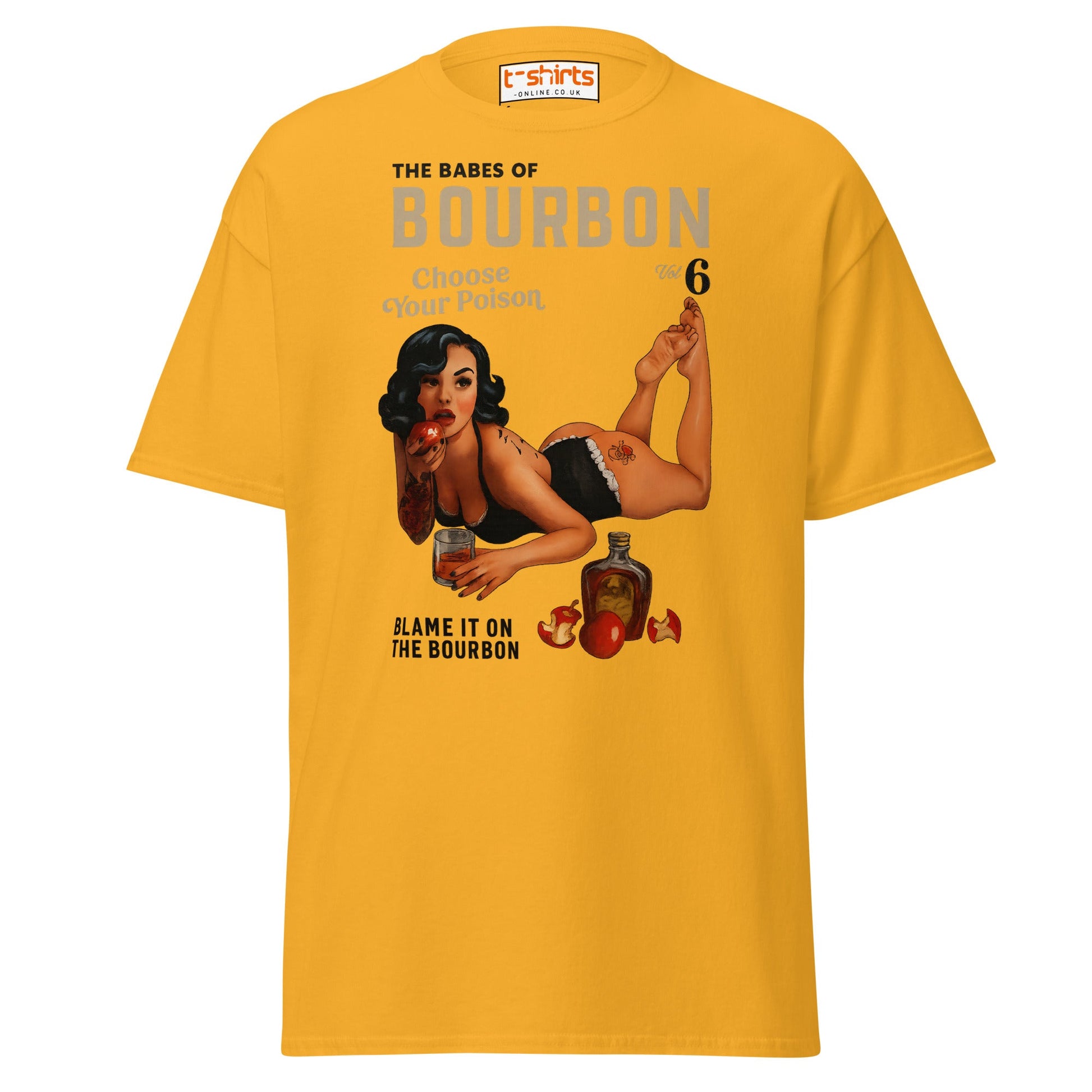 Pin - Up Bourbon T-Shirt – Retro Whiskey Babe Tee - Gold - T-Shirts Online