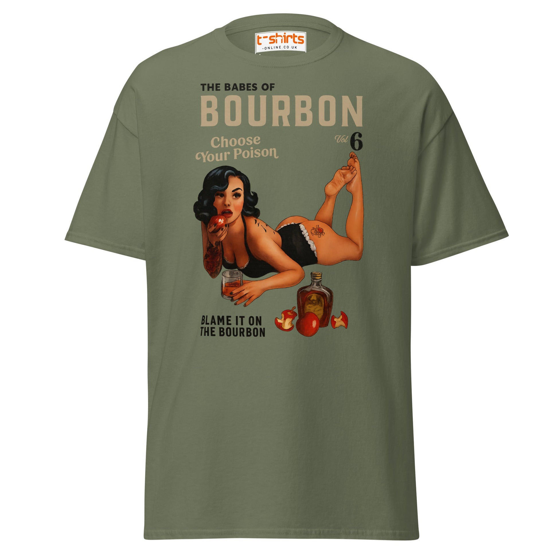 Pin - Up Bourbon T-Shirt – Retro Whiskey Babe Tee - Military Green - T-Shirts Online