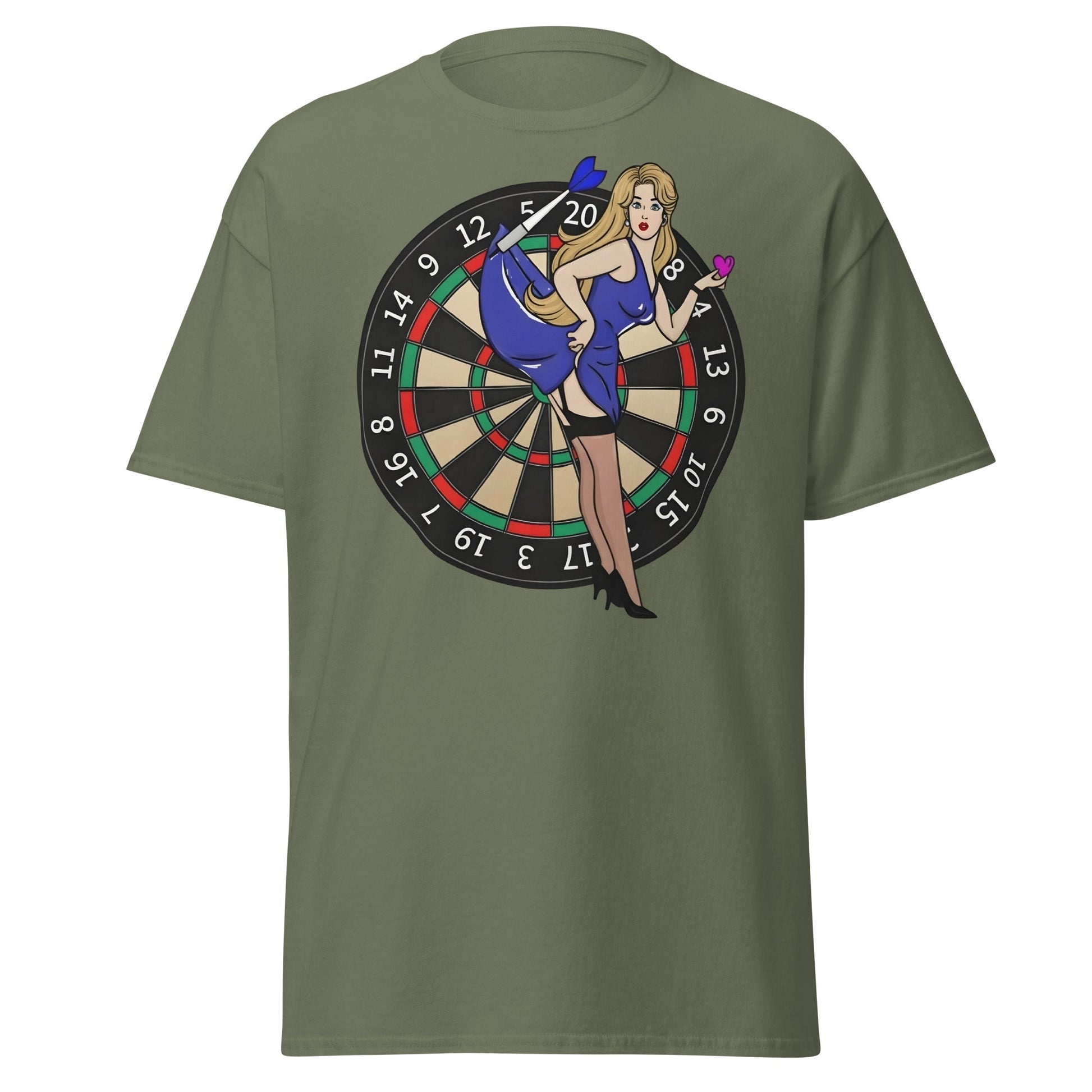 Pin - up Dartboard Graphic Tee - Retro Funny Adult Humor Shirt - Military Green - T-Shirts Online