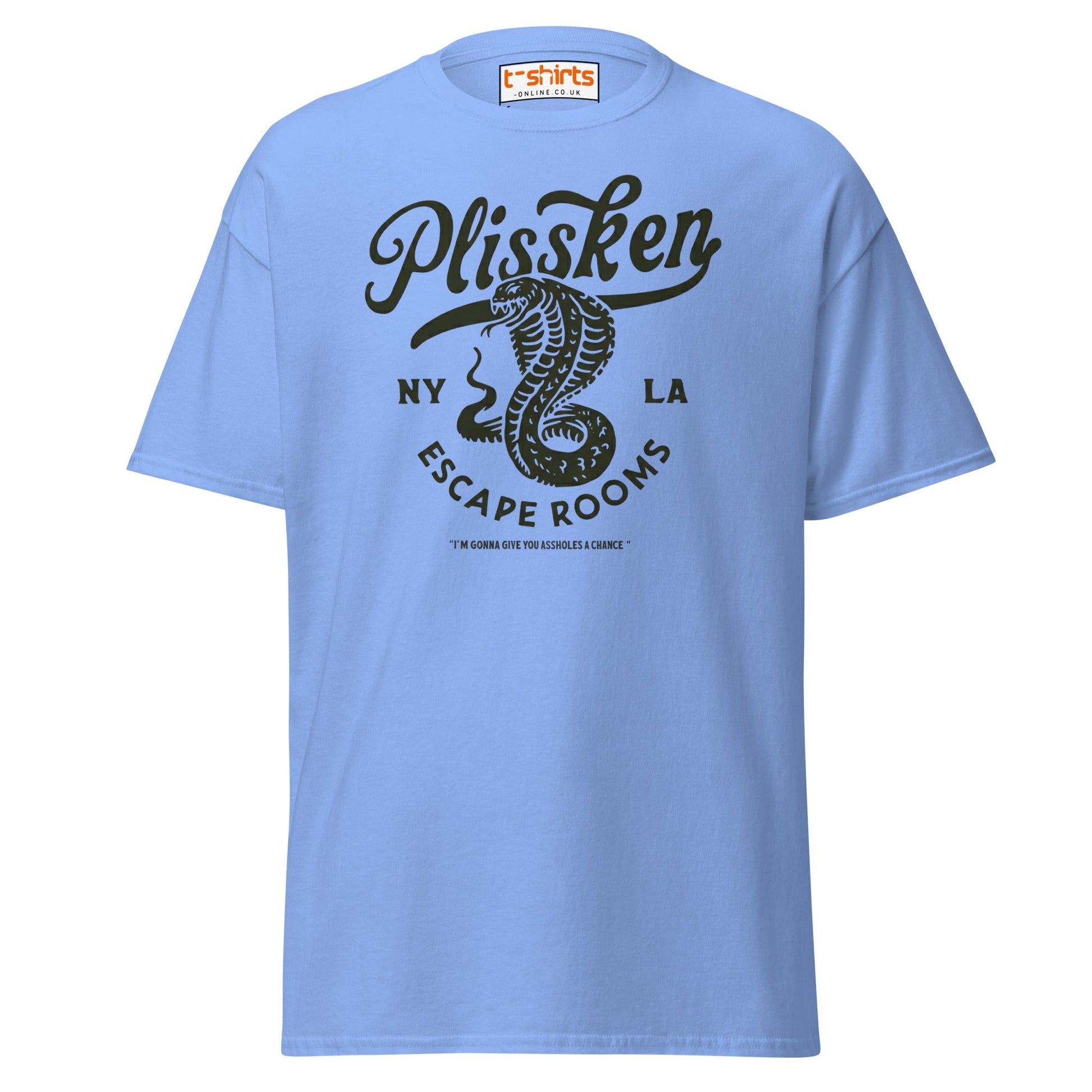 Plissken Escape Rooms T-Shirt | Retro Snake Design - Carolina Blue - T-Shirts Online