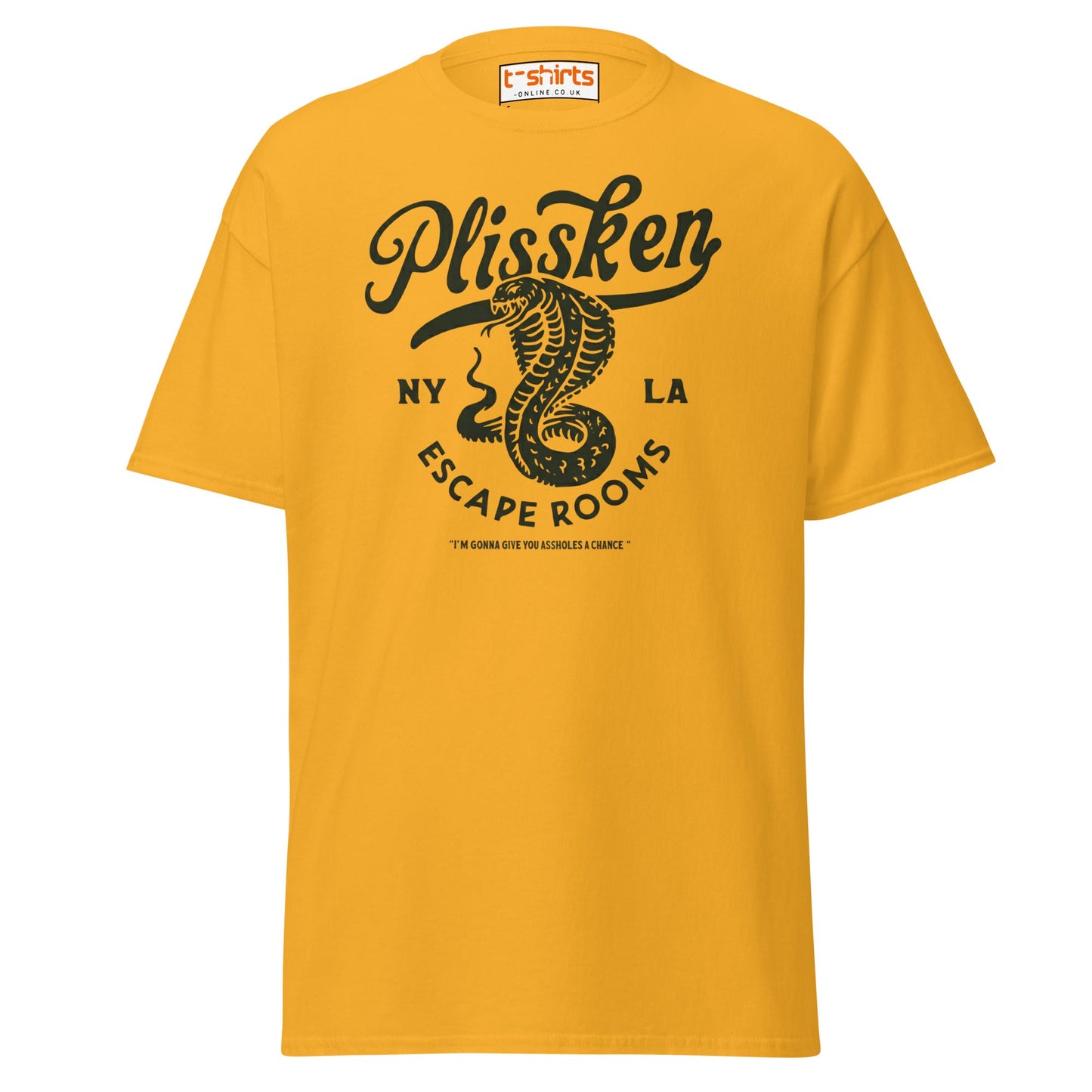 Plissken Escape Rooms T-Shirt | Retro Snake Design - Gold - T-Shirts Online
