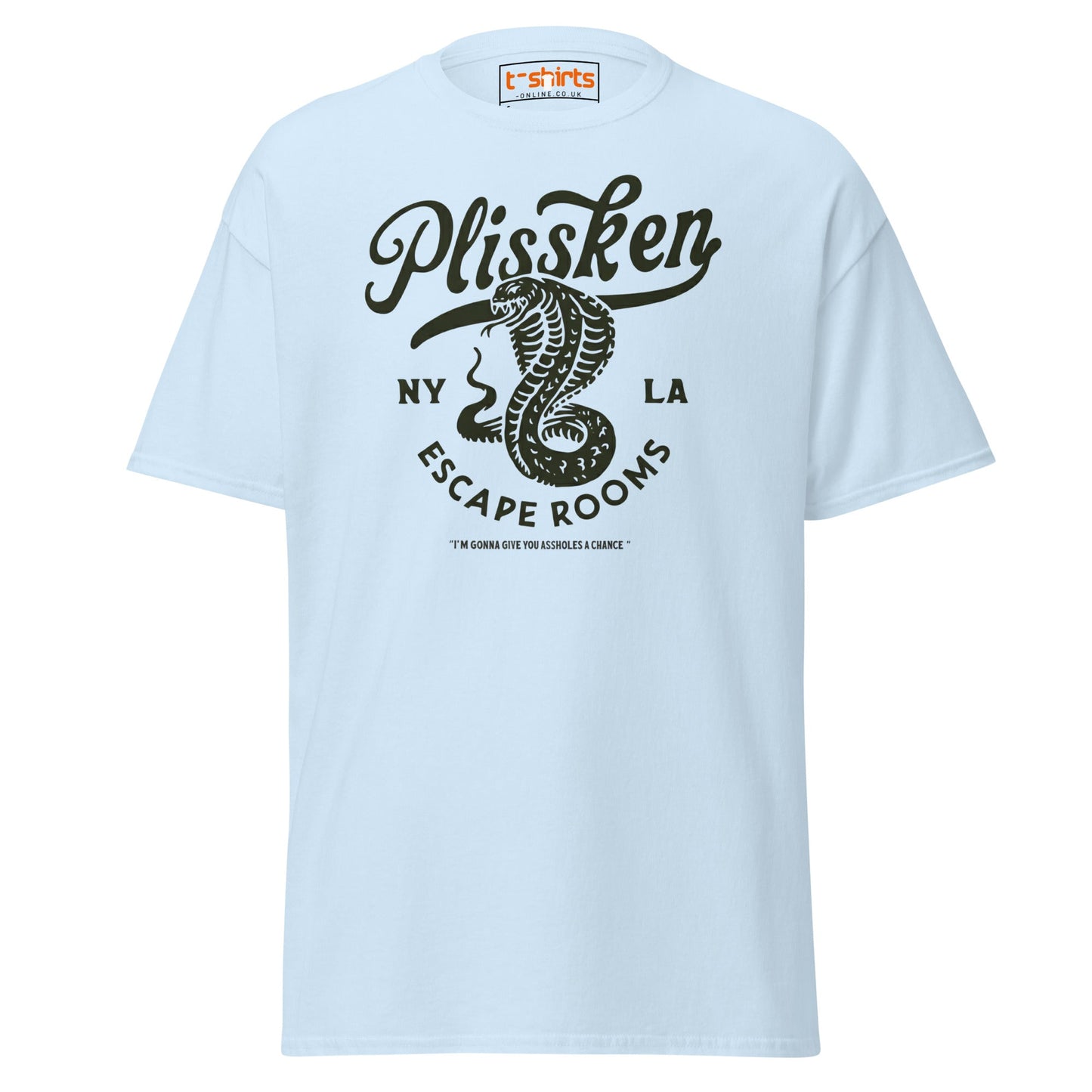 Plissken Escape Rooms T-Shirt | Retro Snake Design - Light Blue - T-Shirts Online