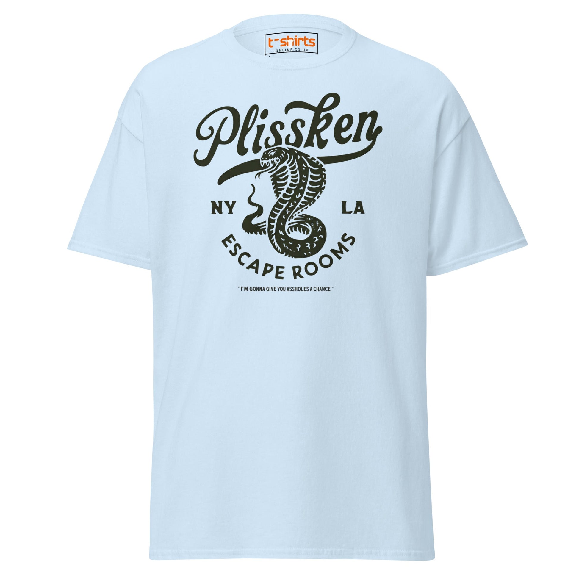 Plissken Escape Rooms T-Shirt | Retro Snake Design - Light Blue - T-Shirts Online