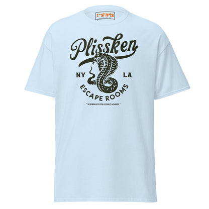 Plissken Escape Rooms T-Shirt | Retro Snake Design - Light Blue - T-Shirts Online