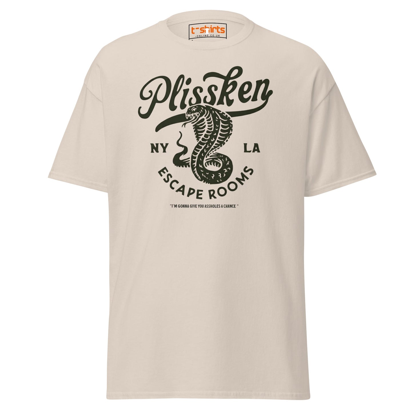 Plissken Escape Rooms T-Shirt | Retro Snake Design - Natural - T-Shirts Online