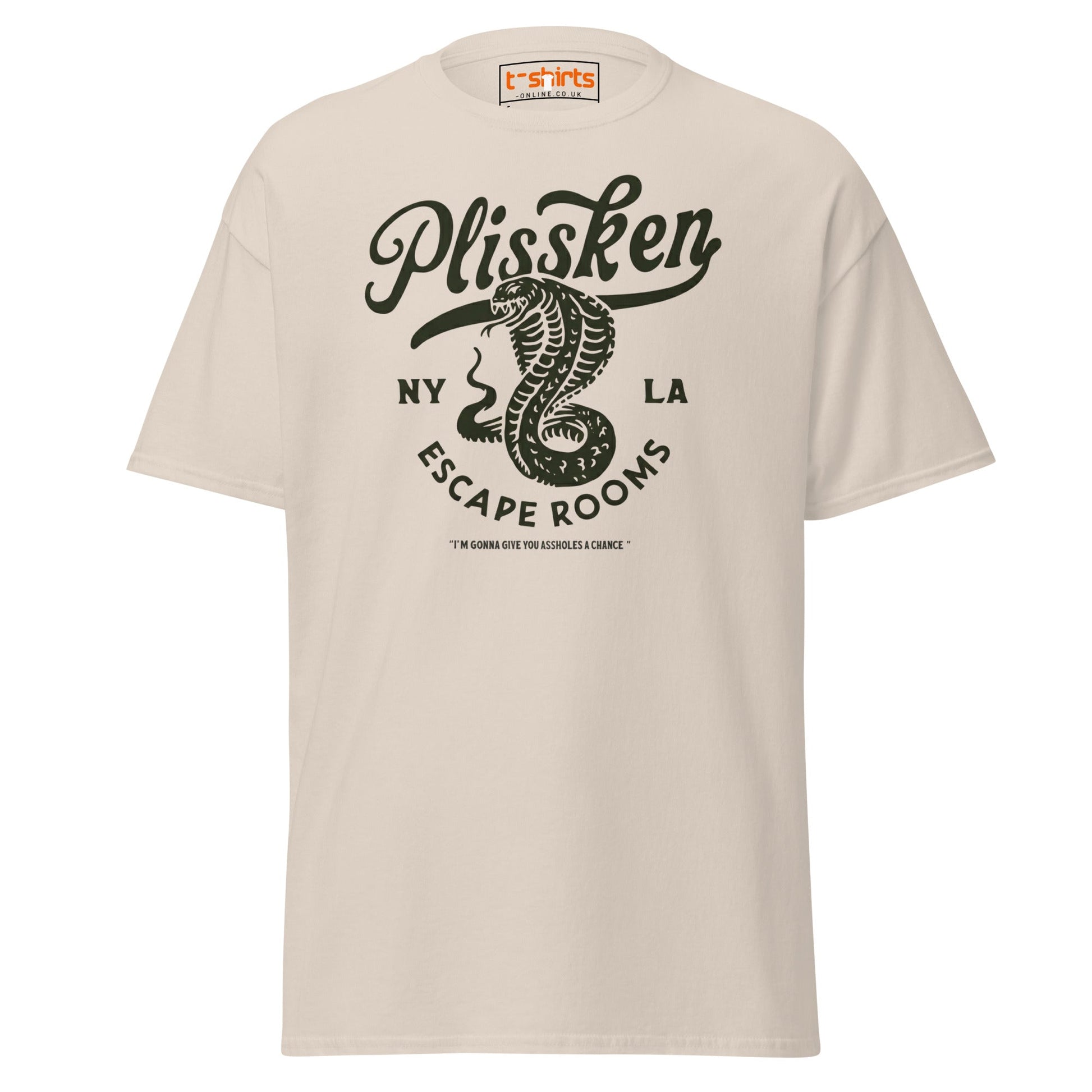 Plissken Escape Rooms T-Shirt | Retro Snake Design - Natural - T-Shirts Online