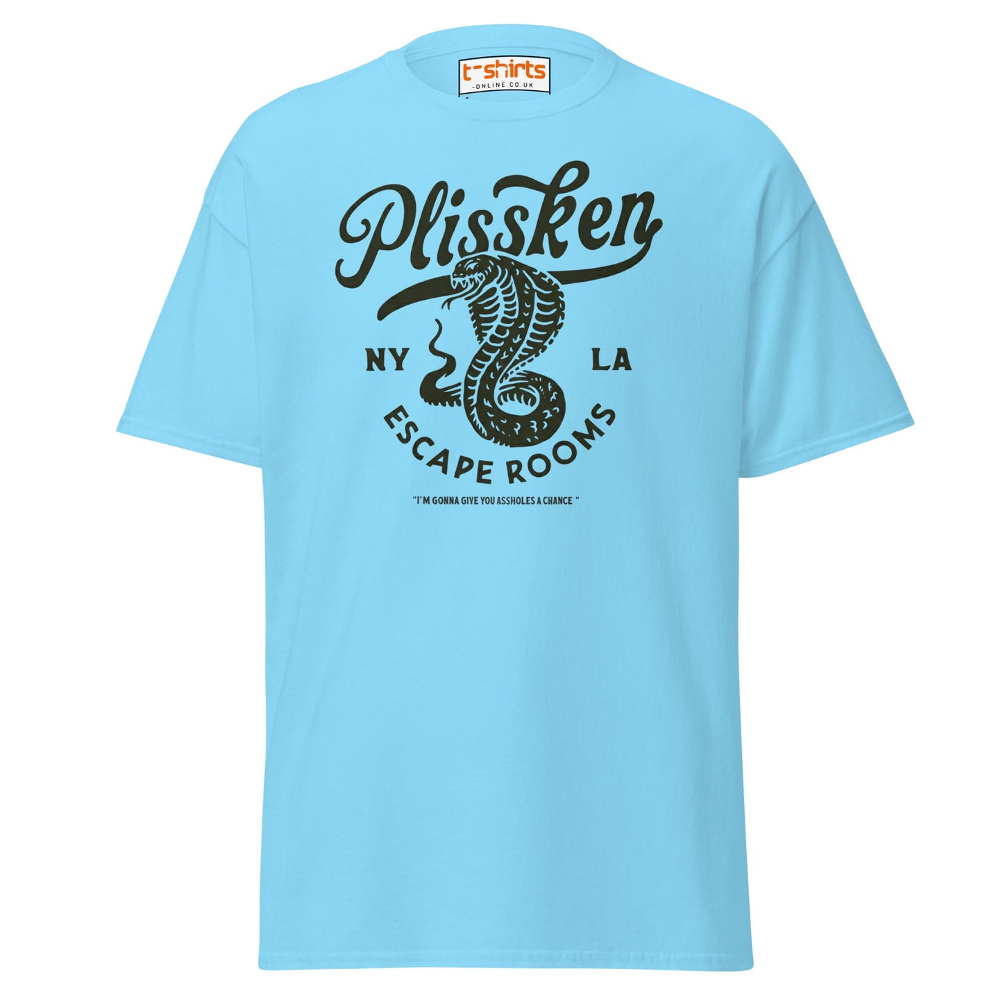 Plissken Escape Rooms T-Shirt | Retro Snake Design - Sky - T-Shirts Online