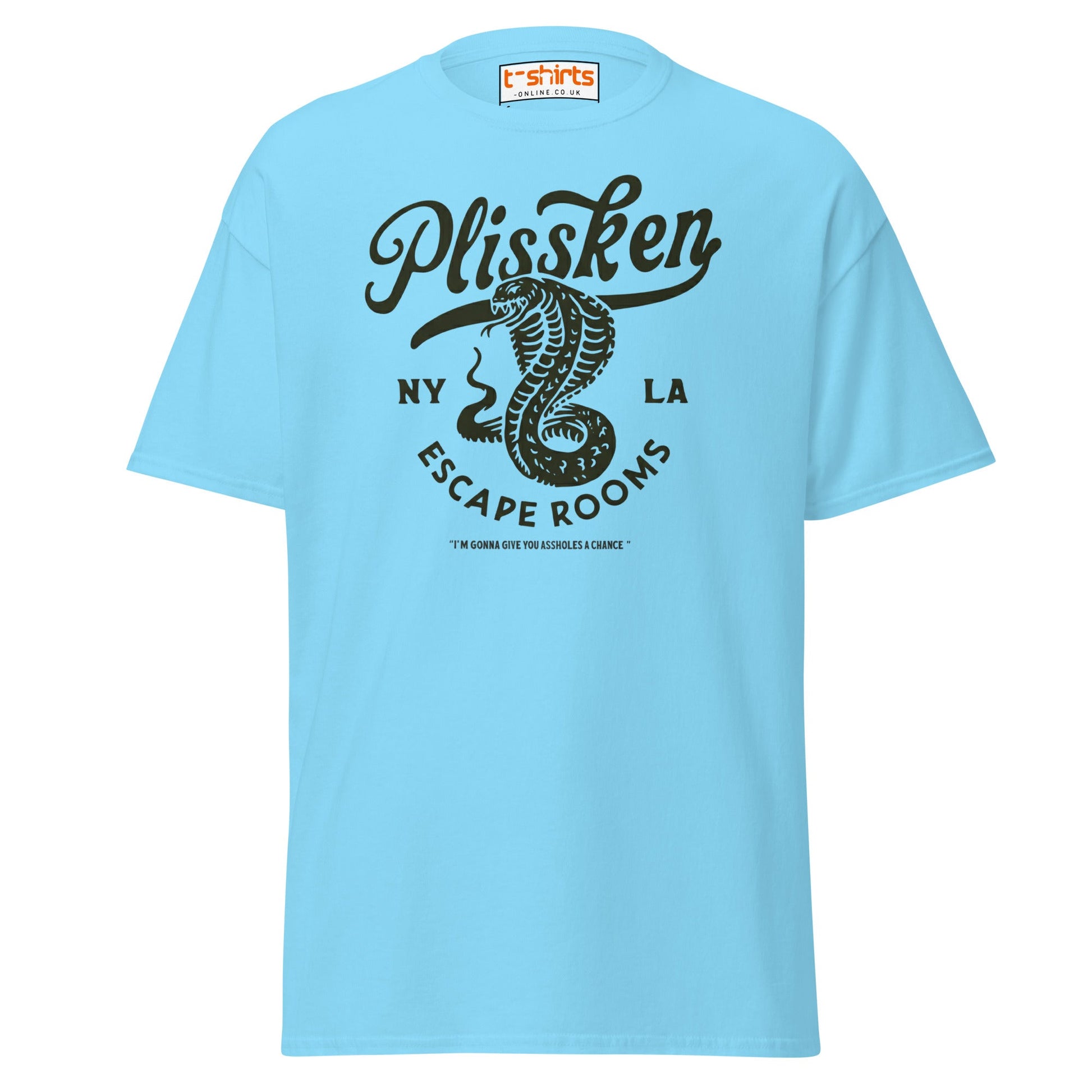 Plissken Escape Rooms T-Shirt | Retro Snake Design - Sky - T-Shirts Online