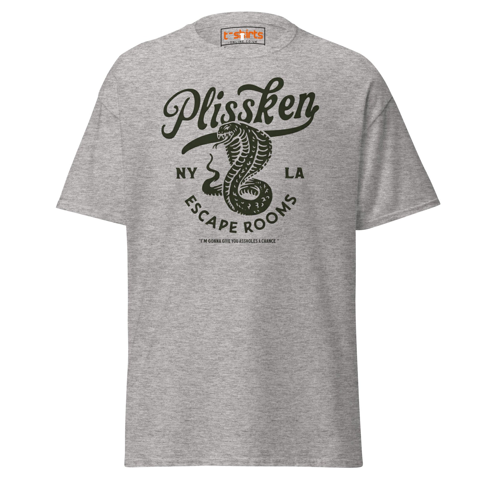 Plissken Escape Rooms T-Shirt | Retro Snake Design - Sport Grey - T-Shirts Online