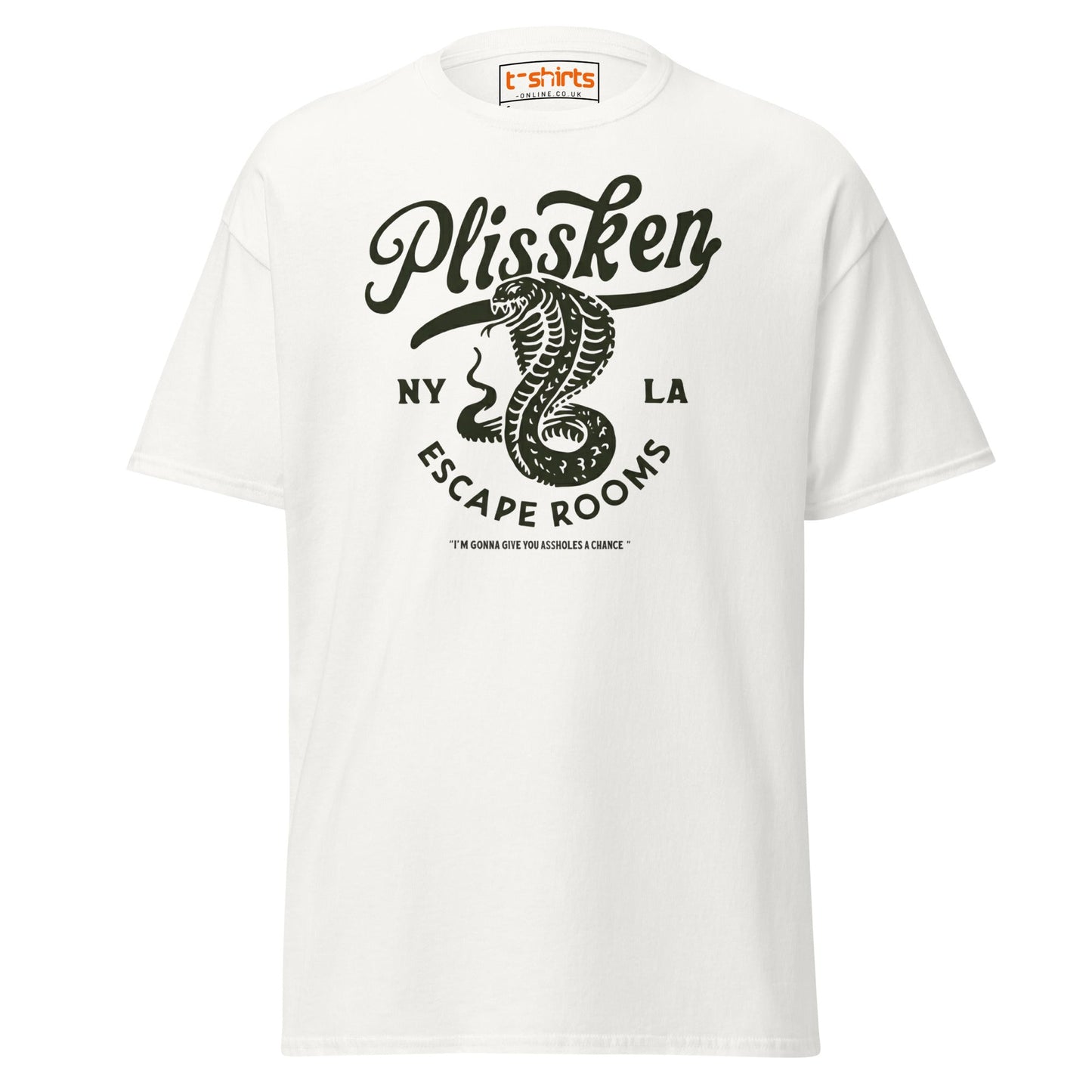 Plissken Escape Rooms T-Shirt | Retro Snake Design - White - T-Shirts Online
