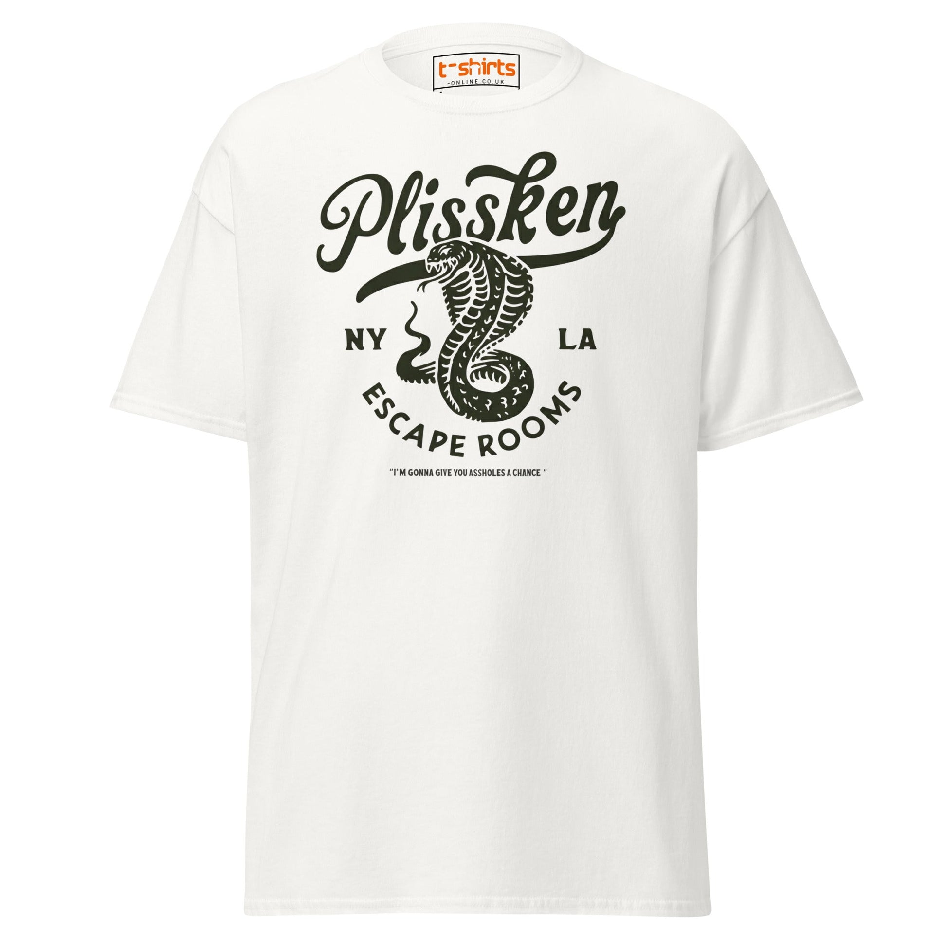 Plissken Escape Rooms T-Shirt | Retro Snake Design - White - T-Shirts Online