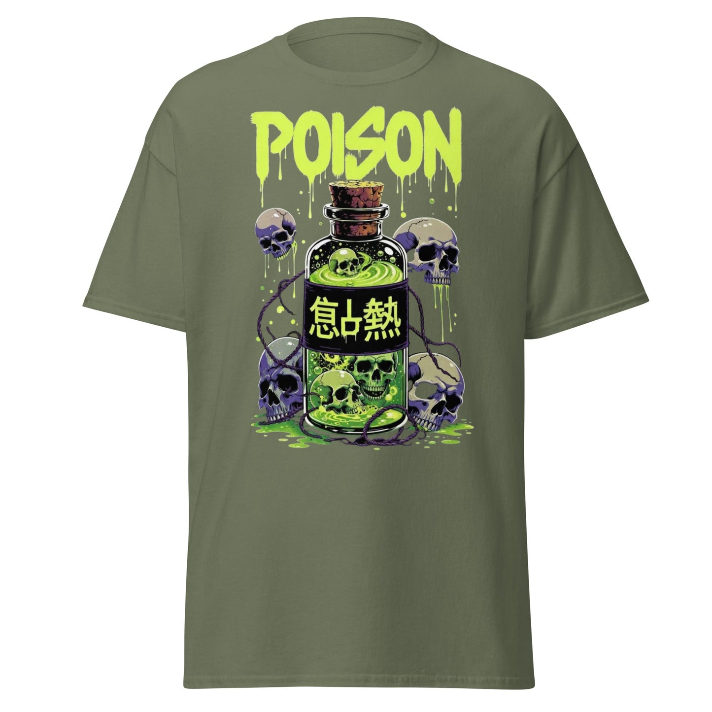 Poison Skull Toxic Bottle T-Shirt - Edgy Neon Graphic Tee - Military Green - T-Shirts Online