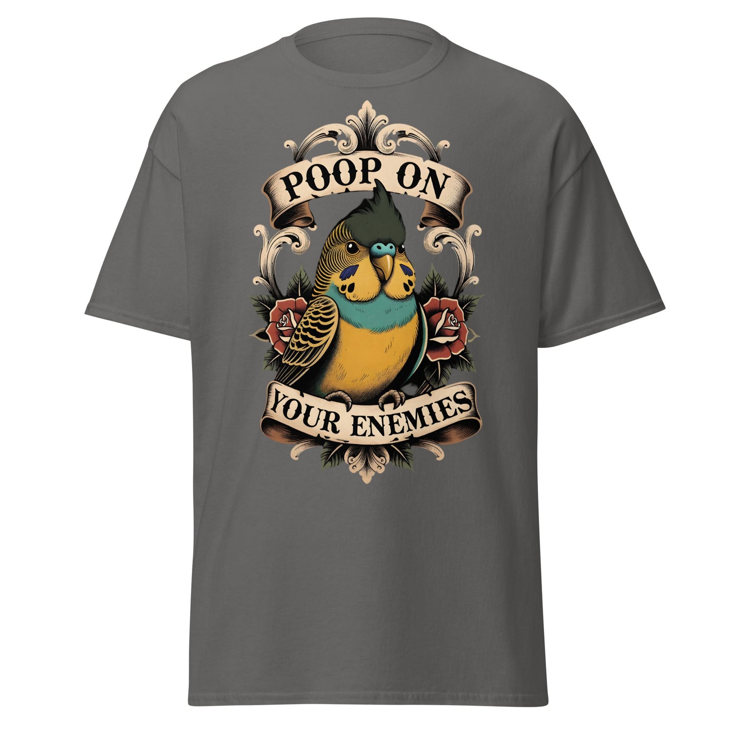 Poop On Your Enemies Budgie T-Shirt - Funny Bird Tattoo Tee - Charcoal - T-Shirts Online