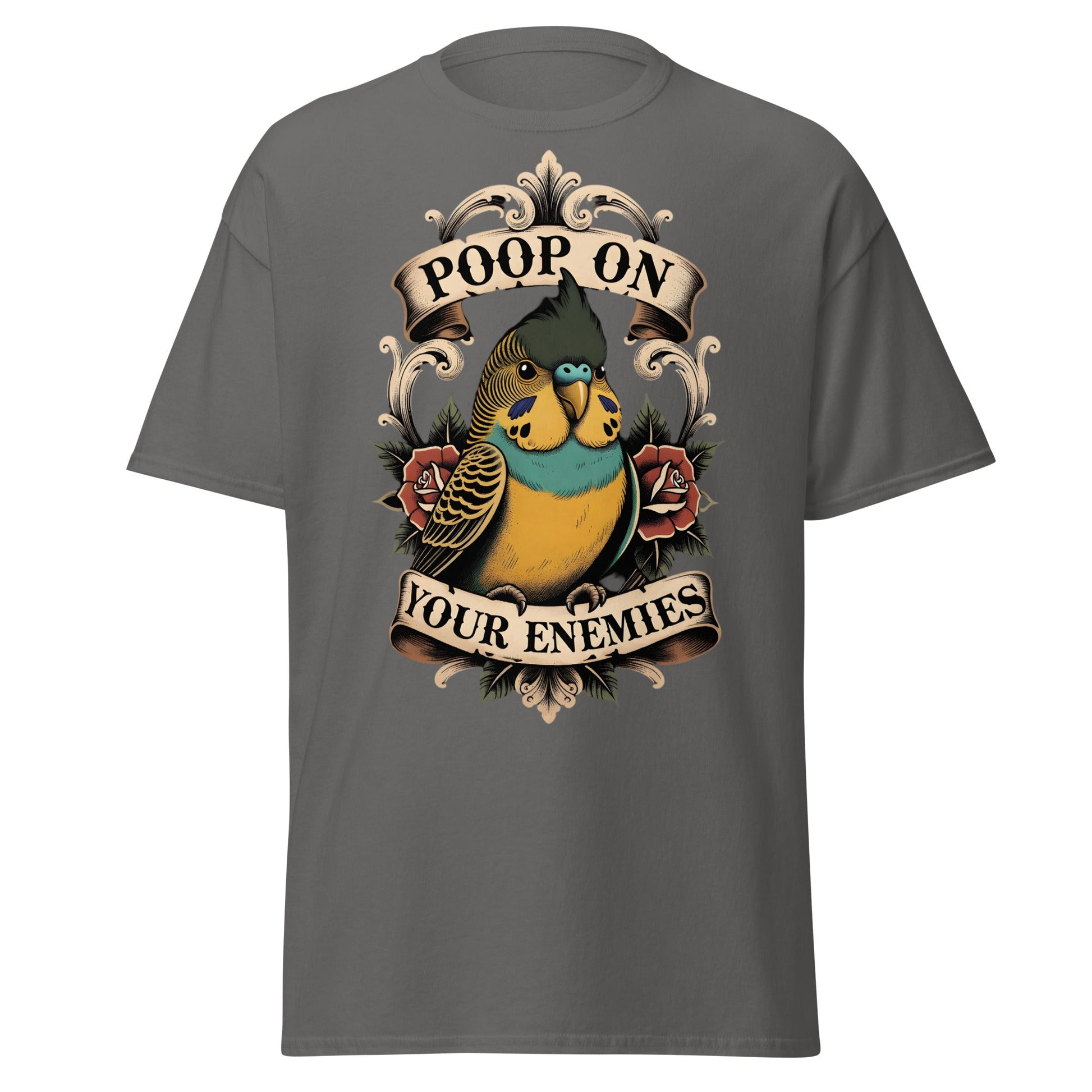 Poop On Your Enemies Budgie T-Shirt - Funny Bird Tattoo Tee - Charcoal - T-Shirts Online