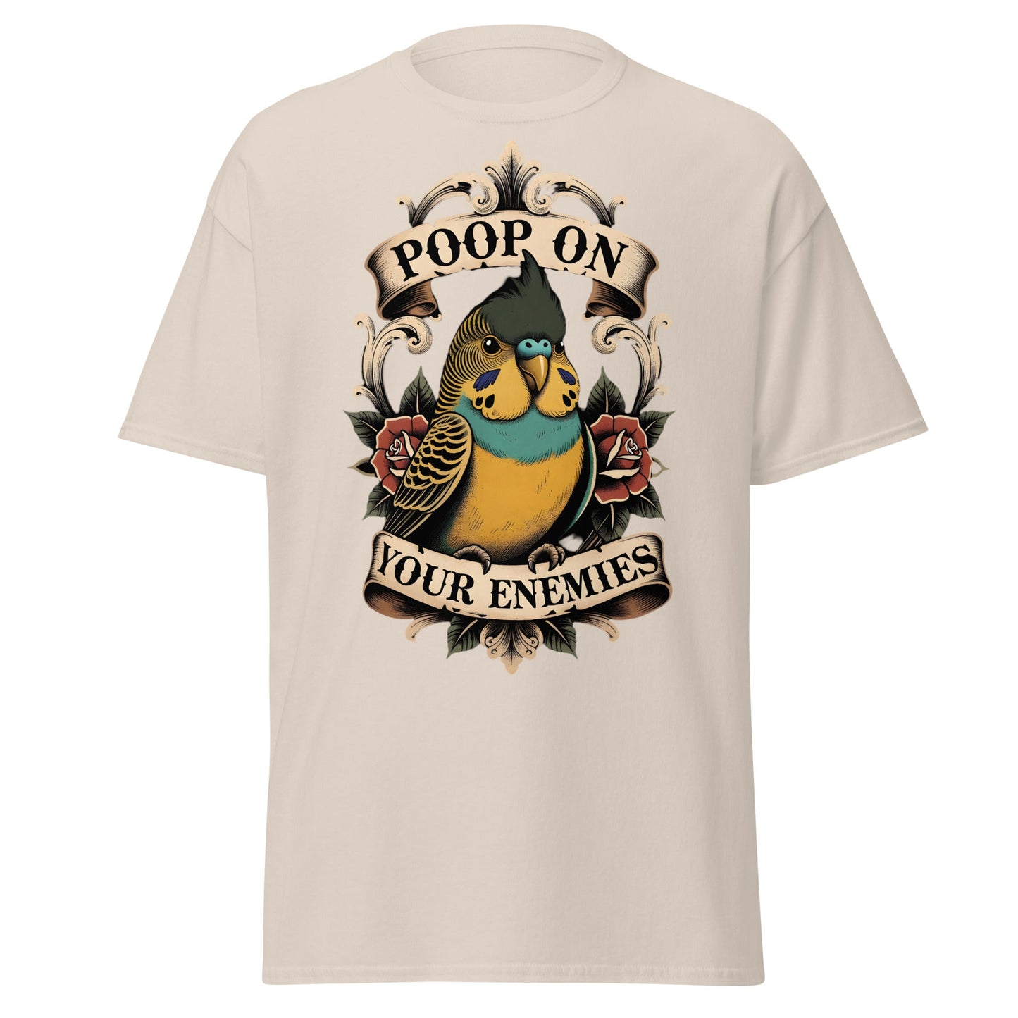 Poop On Your Enemies Budgie T-Shirt - Funny Bird Tattoo Tee - Natural - T-Shirts Online