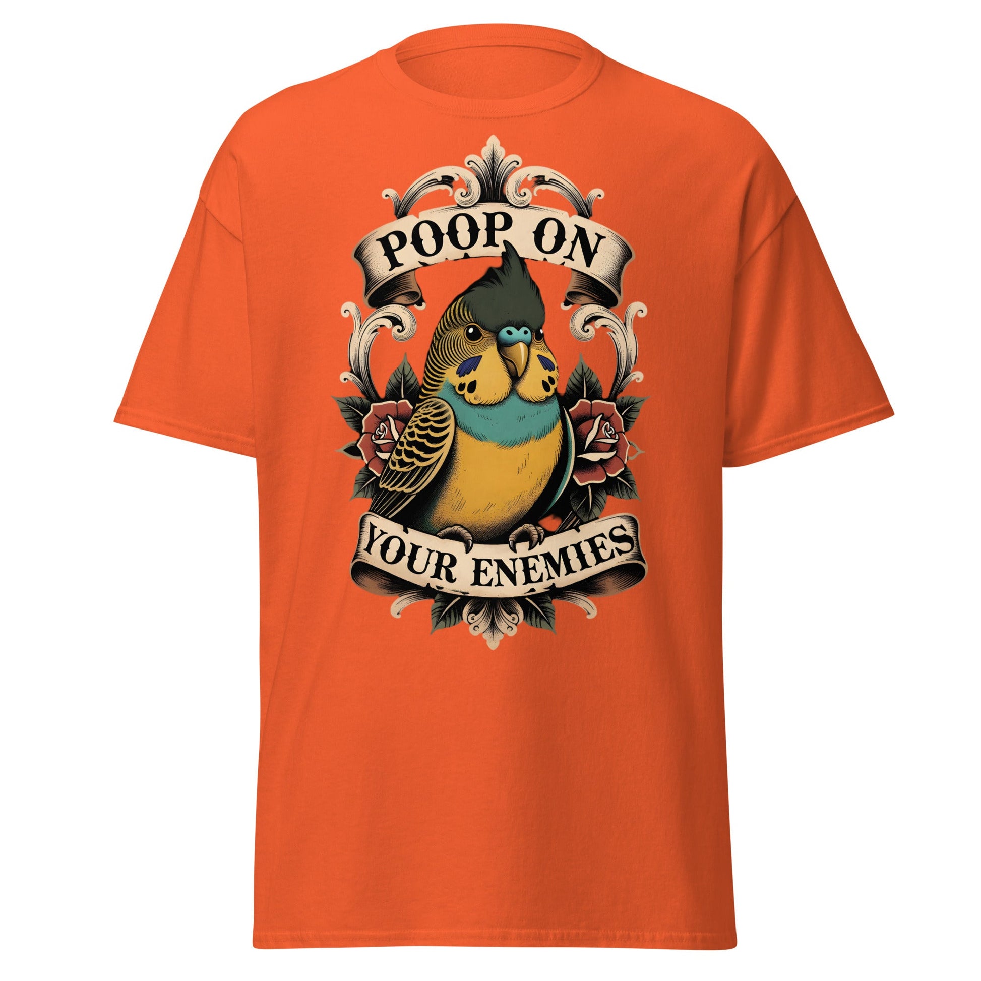 Poop On Your Enemies Budgie T-Shirt - Funny Bird Tattoo Tee - Orange - T-Shirts Online