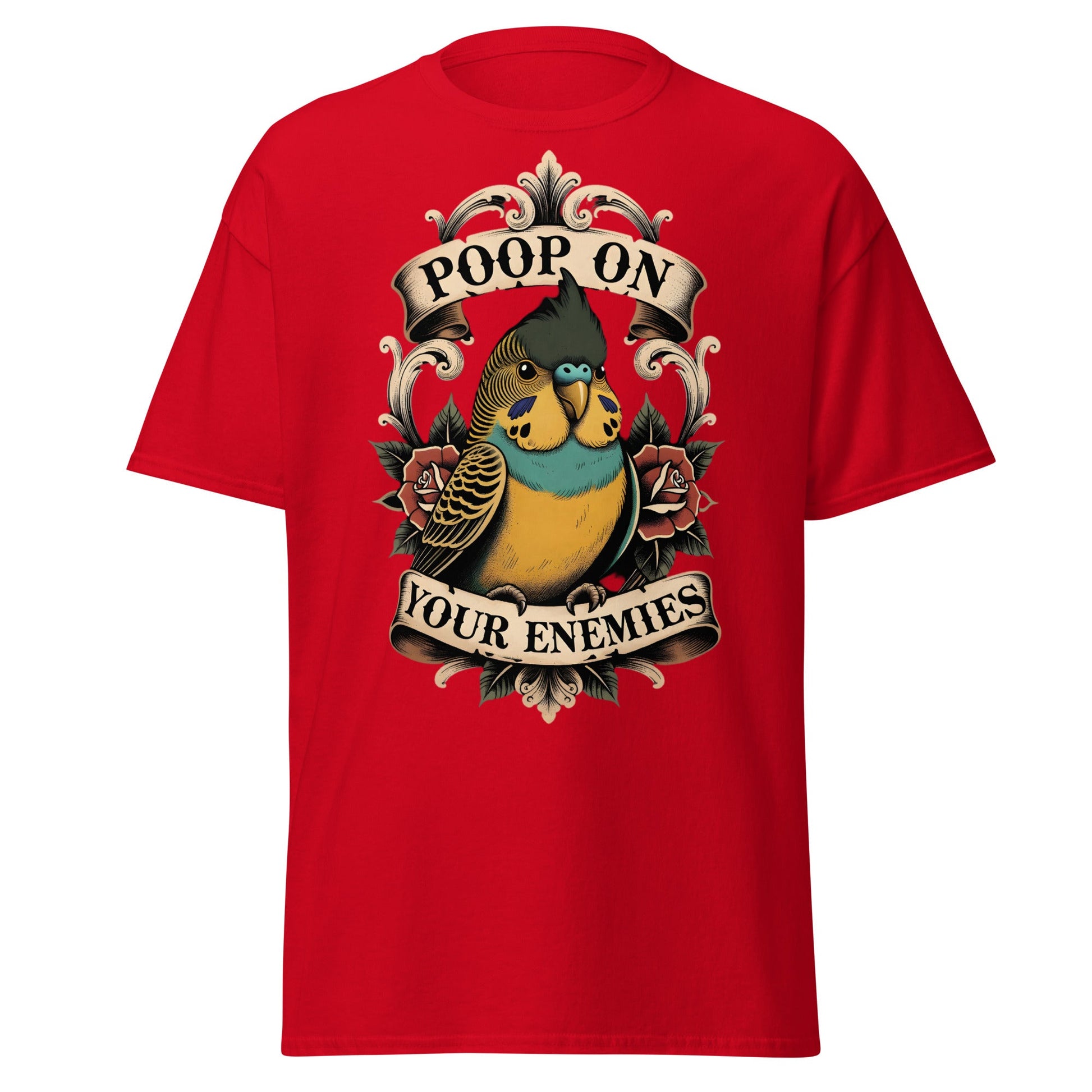 Poop On Your Enemies Budgie T-Shirt - Funny Bird Tattoo Tee - Red - T-Shirts Online