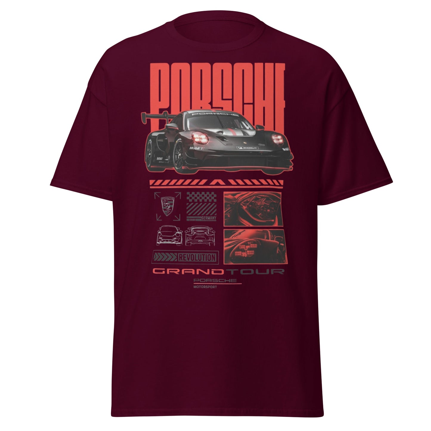 Porsche Grand Tour T-Shirt - Motorsport Racing Tee - Maroon - T-Shirts Online