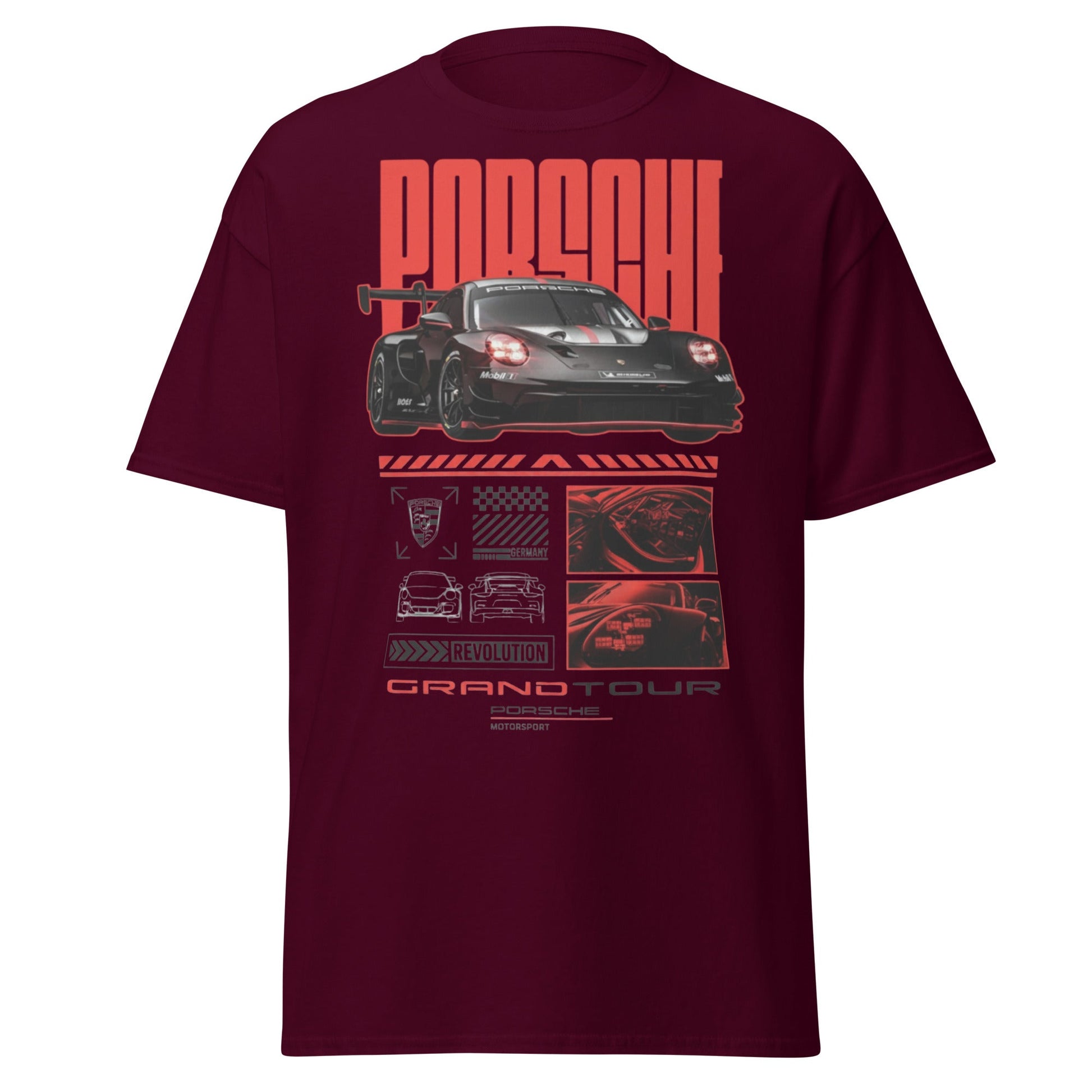 Porsche Grand Tour T-Shirt - Motorsport Racing Tee - Maroon - T-Shirts Online