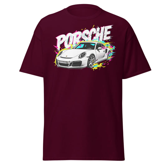 Porsche Street Art T-Shirt - Graffiti Style Car Tee - Maroon - T-Shirts Online