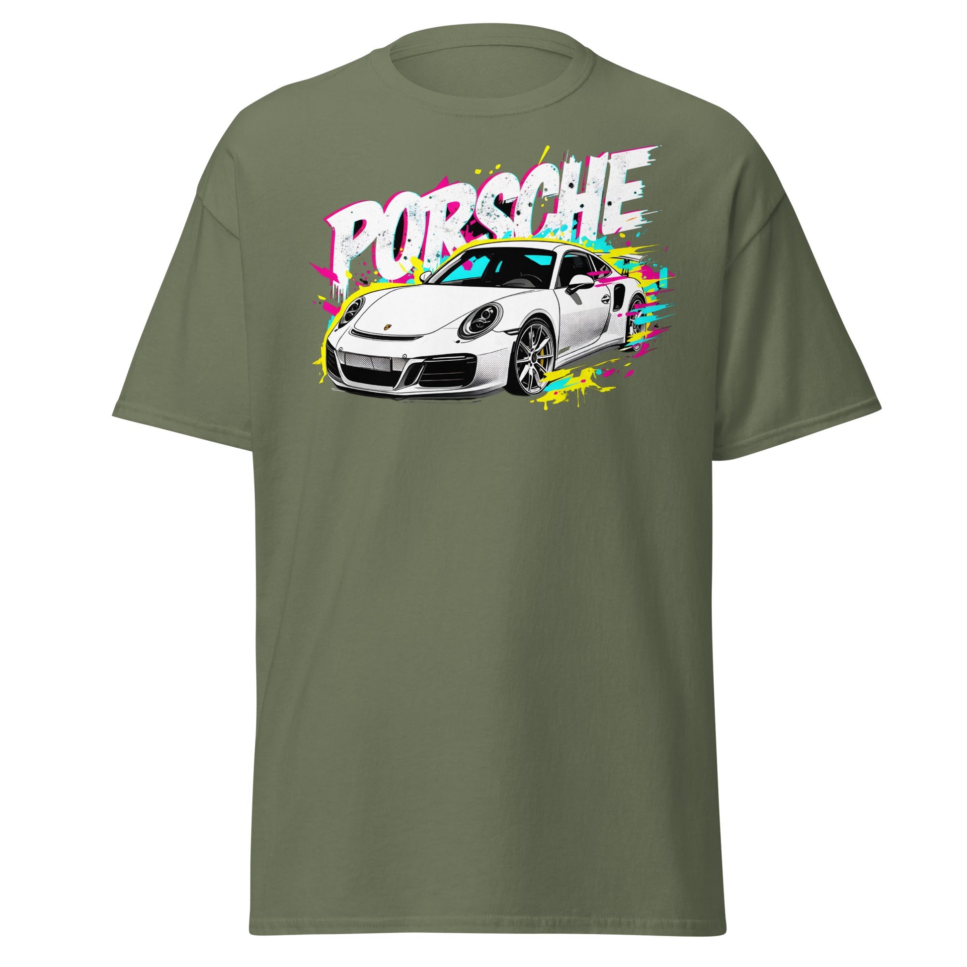 Porsche Street Art T-Shirt - Graffiti Style Car Tee - Military Green - T-Shirts Online