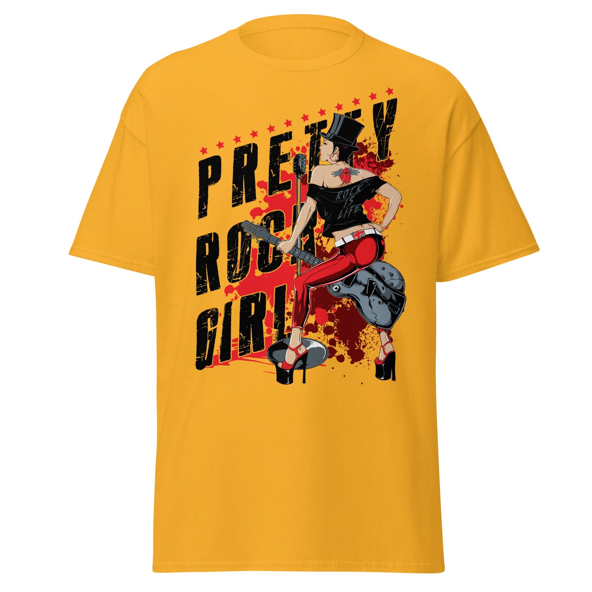 Pretty Rock Girl T-Shirt - Rockabilly Pin - Up Design - Gold - T-Shirts Online