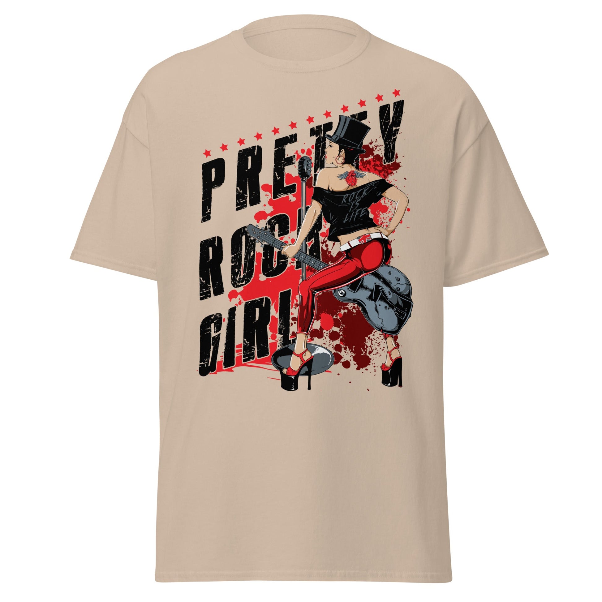 Pretty Rock Girl T-Shirt - Rockabilly Pin - Up Design - Sand - T-Shirts Online