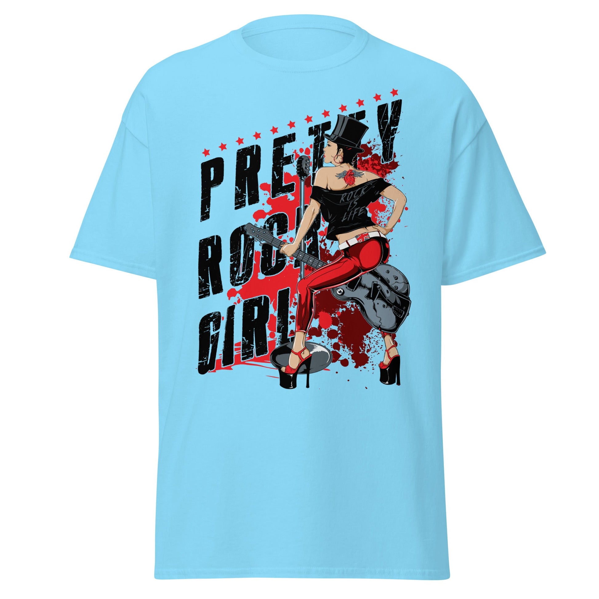 Pretty Rock Girl T-Shirt - Rockabilly Pin - Up Design - Sky - T-Shirts Online