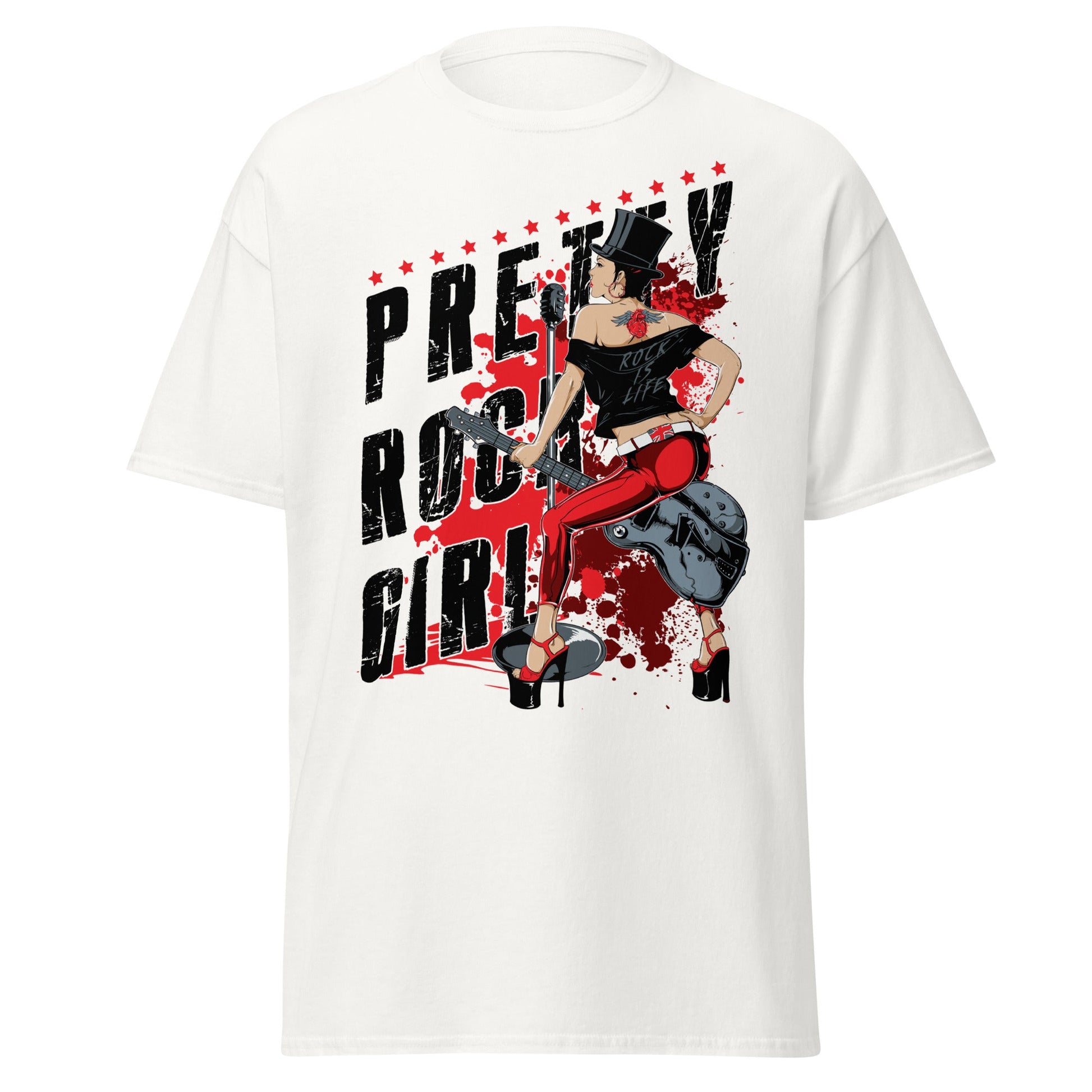 Pretty Rock Girl T-Shirt - Rockabilly Pin - Up Design - White - T-Shirts Online