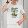a woman in a white summer t-shirt holding a camera