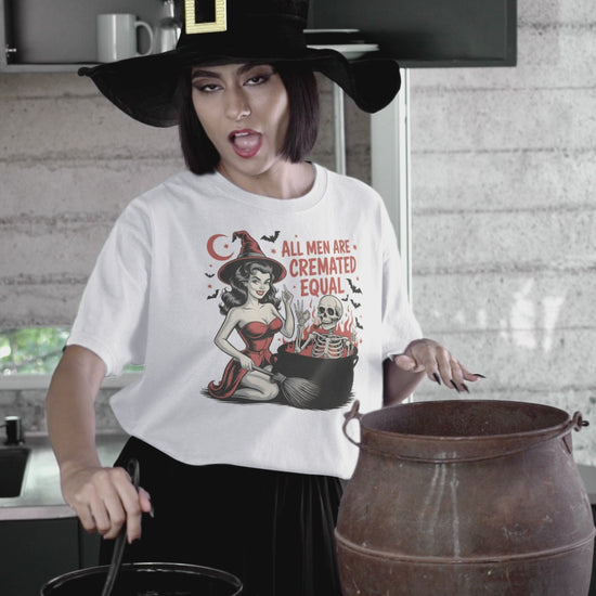 witch wearing tshirt stiring pot