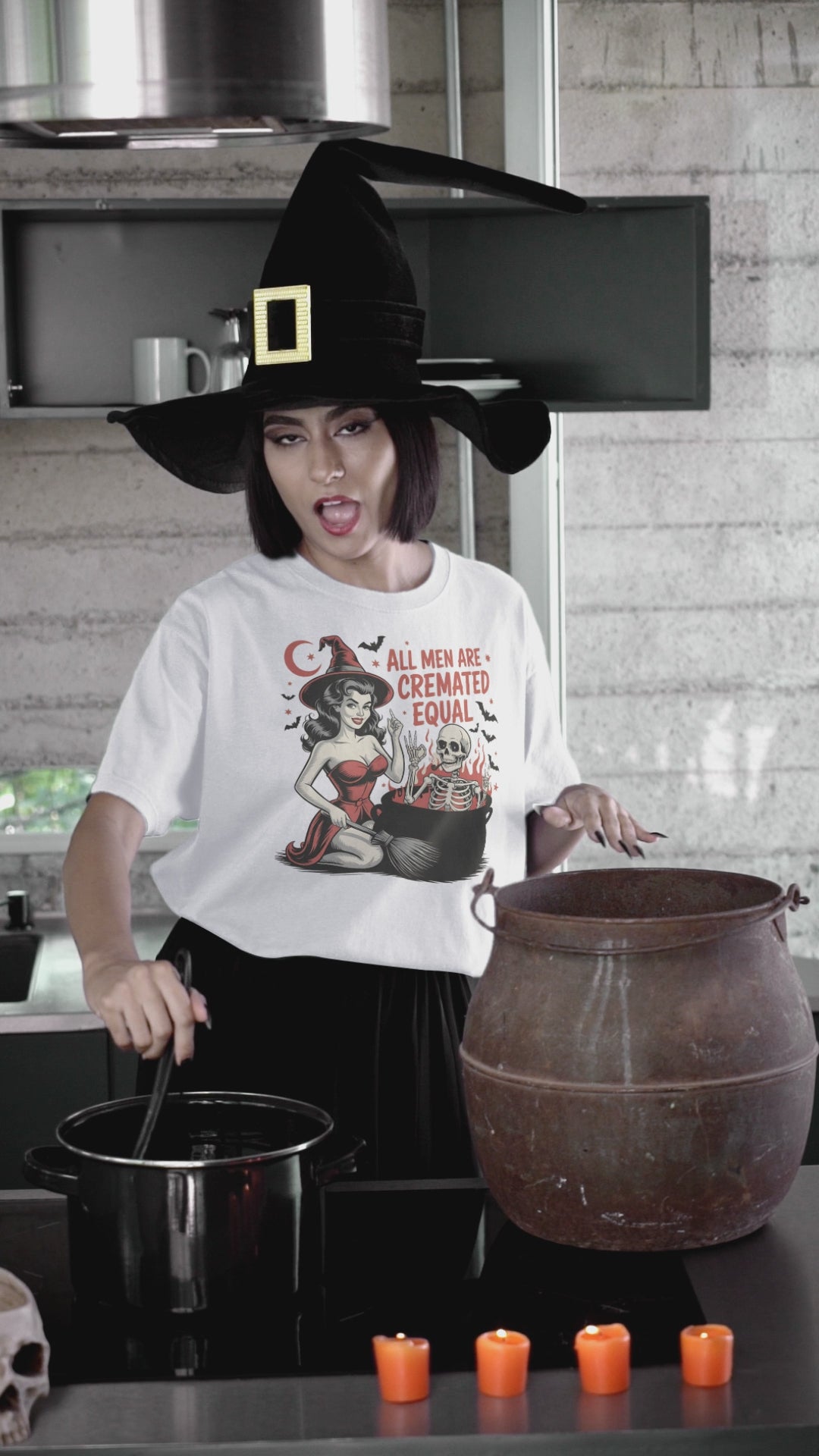 witch wearing tshirt stiring pot