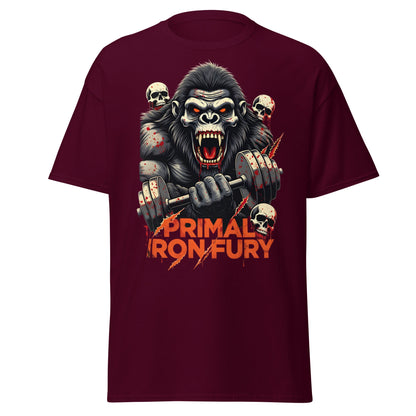 Primal Iron Fury Gorilla T-Shirt – Gym Beast Lifting Tee - Maroon - T-Shirts Online
