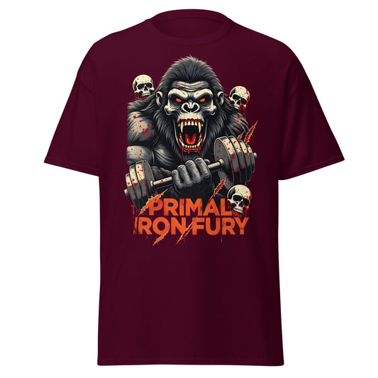 Primal Iron Fury Gorilla T-Shirt – Gym Beast Lifting Tee - Maroon - T-Shirts Online
