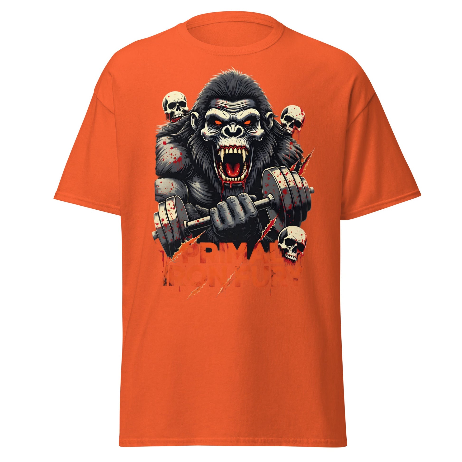 Primal Iron Fury Gorilla T-Shirt – Gym Beast Lifting Tee - Orange - T-Shirts Online