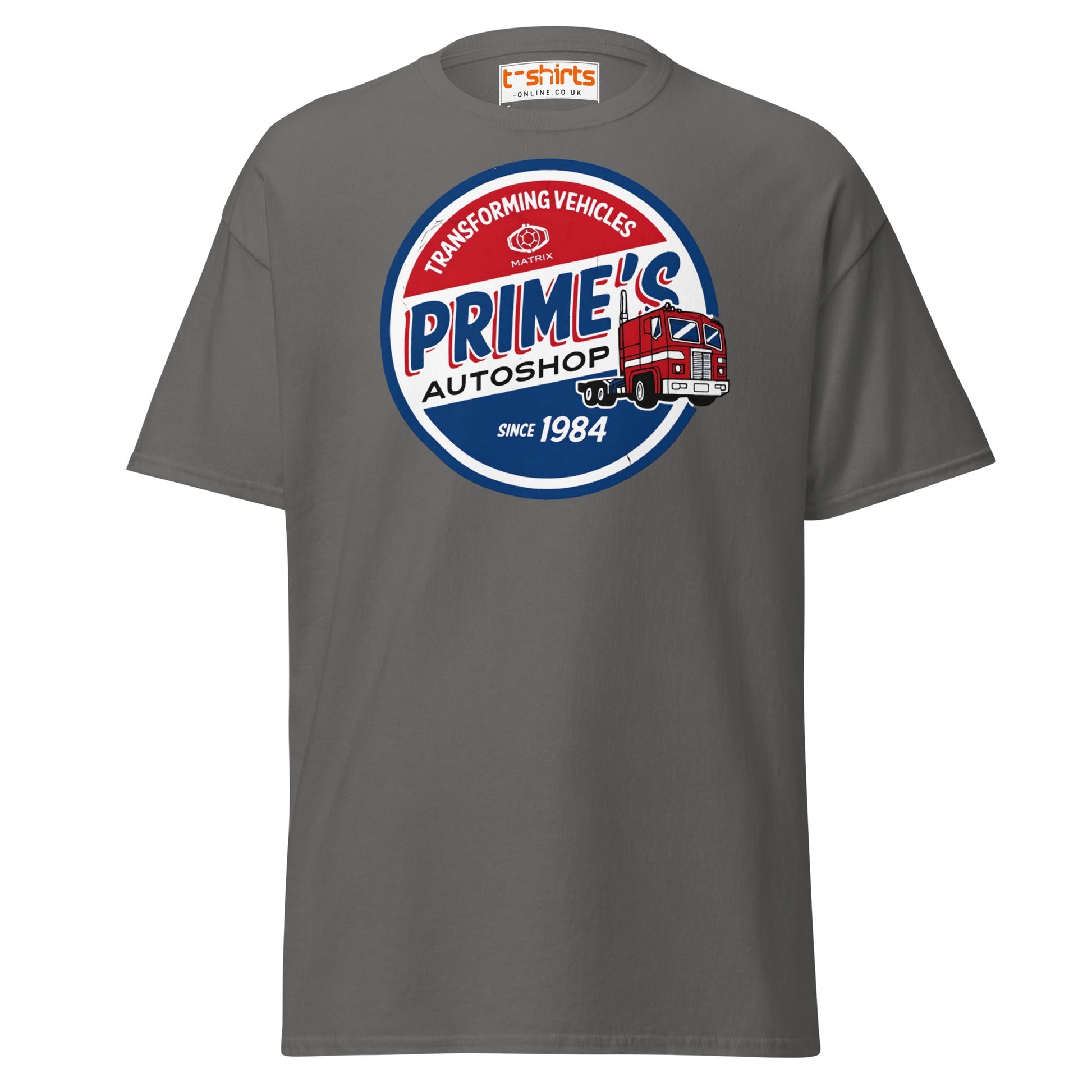 Prime’s Autoshop T-Shirt – Retro Truck Vintage Tee - Charcoal - T-Shirts Online