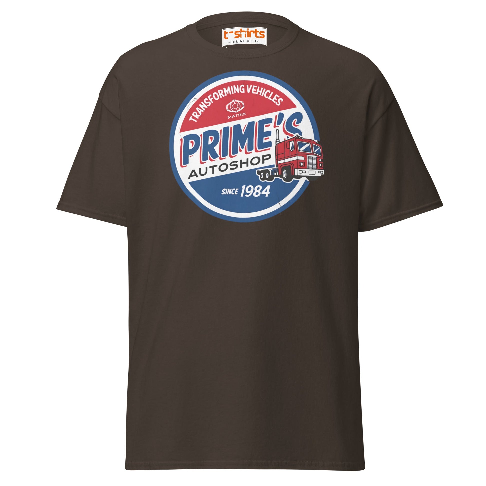 Prime’s Autoshop T-Shirt – Retro Truck Vintage Tee - Dark Chocolate - T-Shirts Online