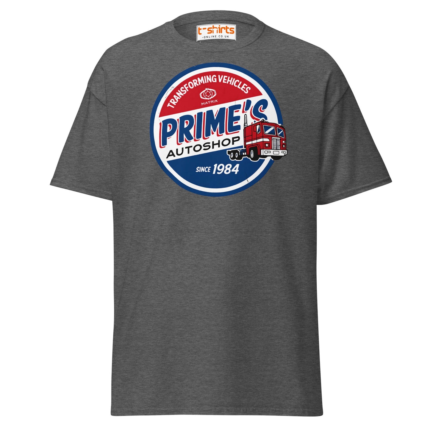 Prime’s Autoshop T-Shirt – Retro Truck Vintage Tee - Dark Heather - T-Shirts Online