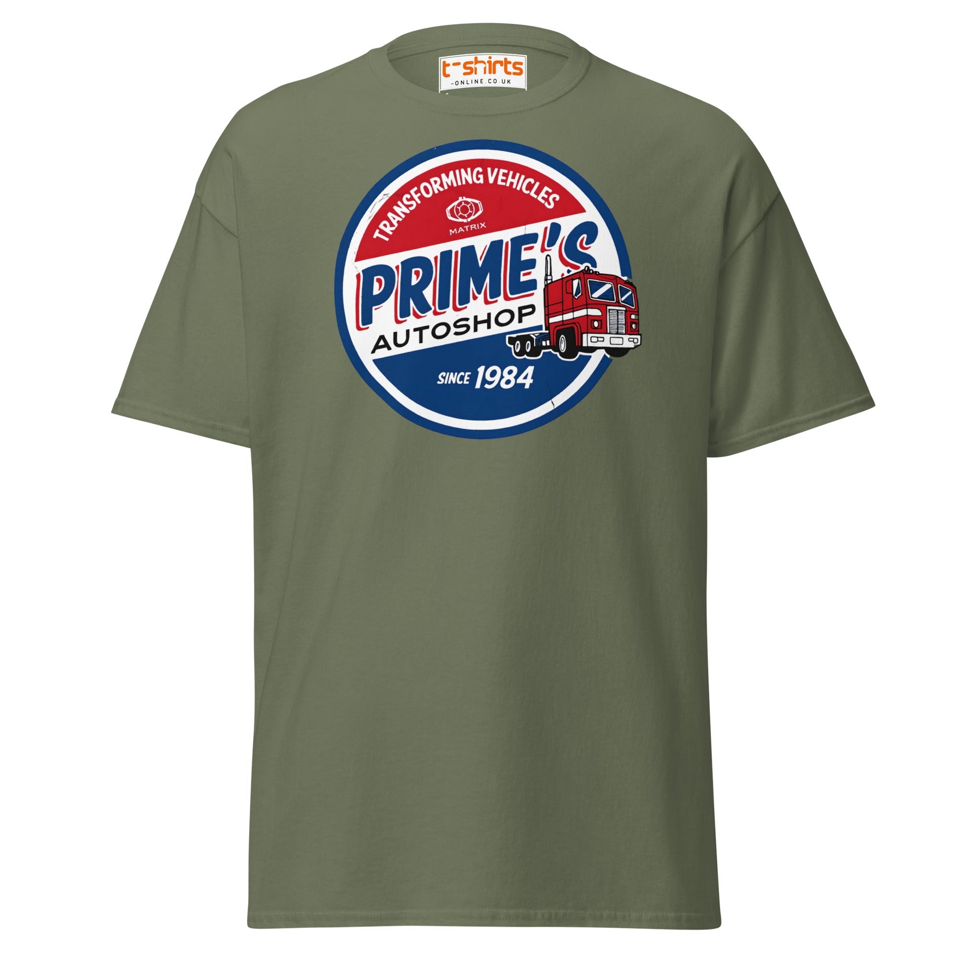 Prime’s Autoshop T-Shirt – Retro Truck Vintage Tee - Military Green - T-Shirts Online