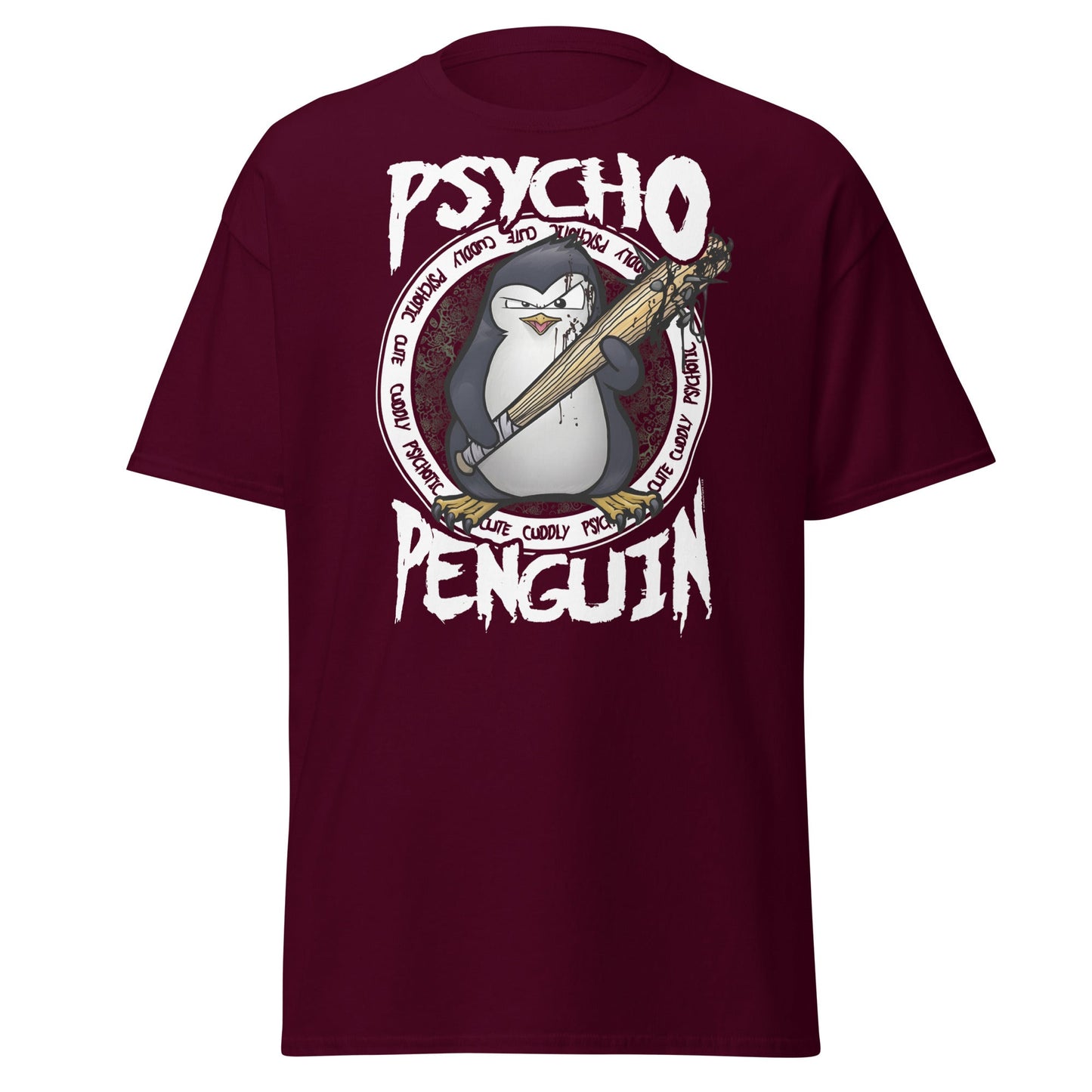 Psycho Penguin T-Shirt | Cute Cuddly Psychotic Funny Tee - Maroon - T-Shirts Online