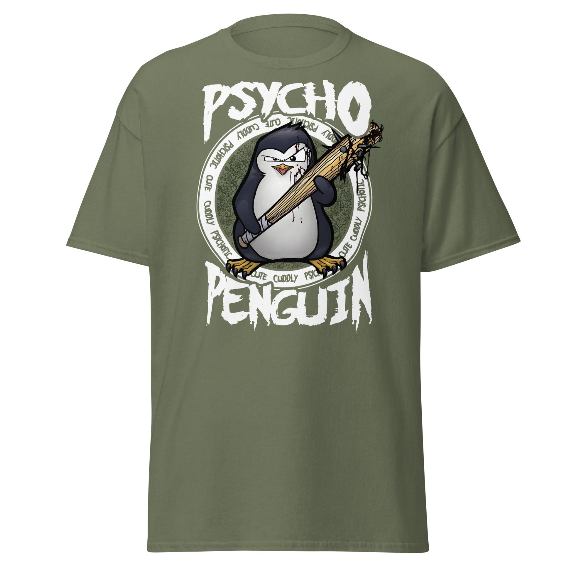 Psycho Penguin T-Shirt | Cute Cuddly Psychotic Funny Tee - Military Green - T-Shirts Online