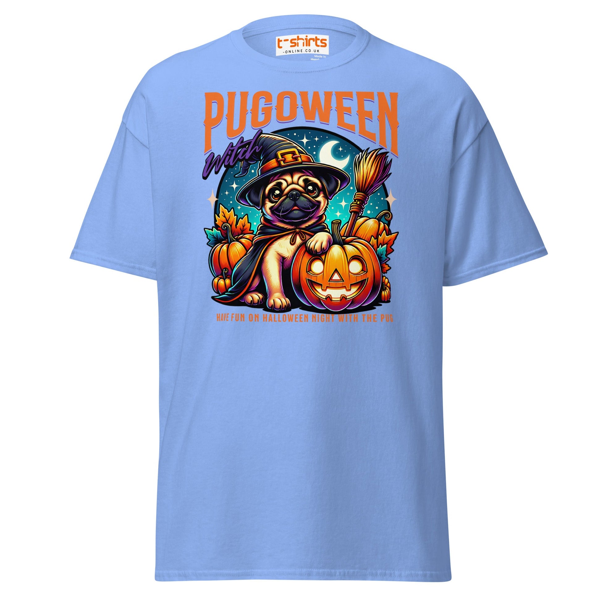 Pugoween Witch Halloween Pug T-Shirt - Carolina Blue - T-Shirts Online